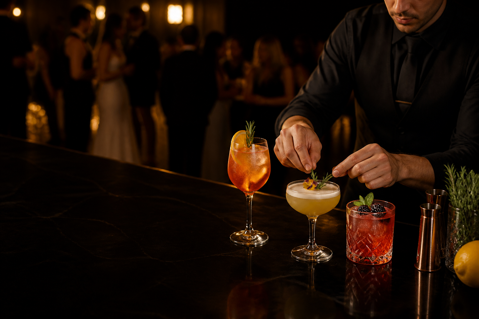 Bartender preparando drinks durante casamento em Guaratinguetá